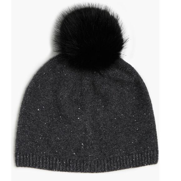 Sofia Cashmere Sequin 100% Cashmere‎ Beanie with Faux Fur Pompom Gray/Black, NWT - Picture 2 of 14